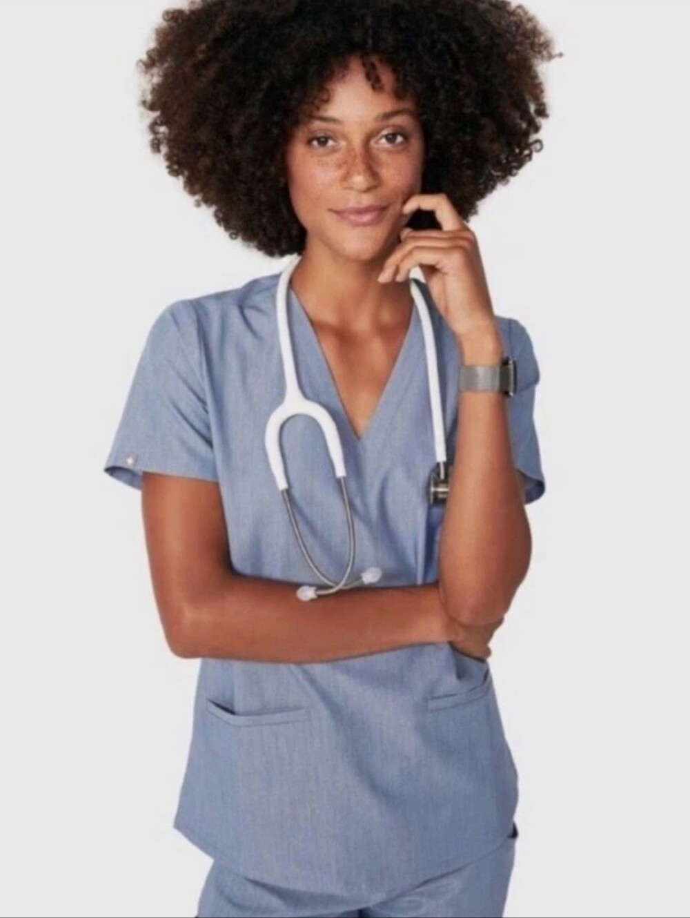Figs Women's Casma Three-pocket V-Neck Scrub Top in  Heather Indigo Blue XS